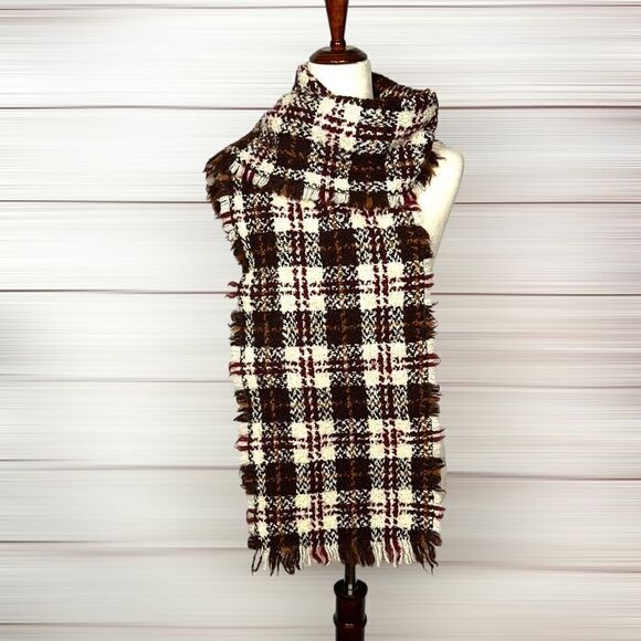 Wool Tartan Plaid Boucle Cream Brown Burgundy Scarf Unisex - Picture 6 of 8